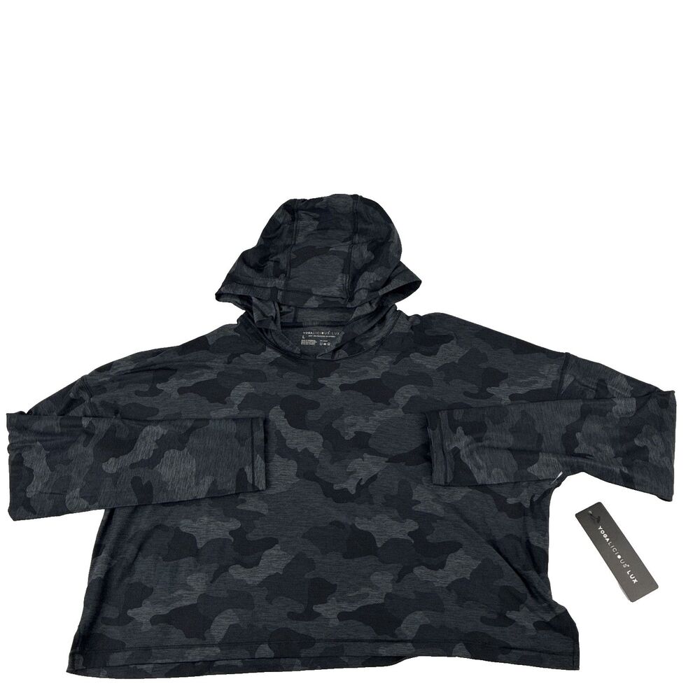 YOGALICIOUS LUX Cropped Hoodie Black Camo Print Athleisure Womens Size Large NWT